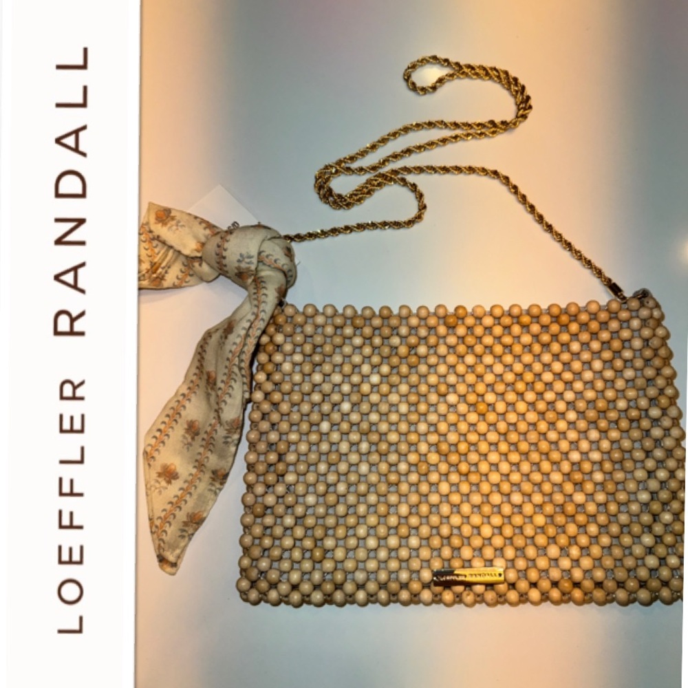 Loeffler Randall Beaded Clutch in Beige with Gold Chain